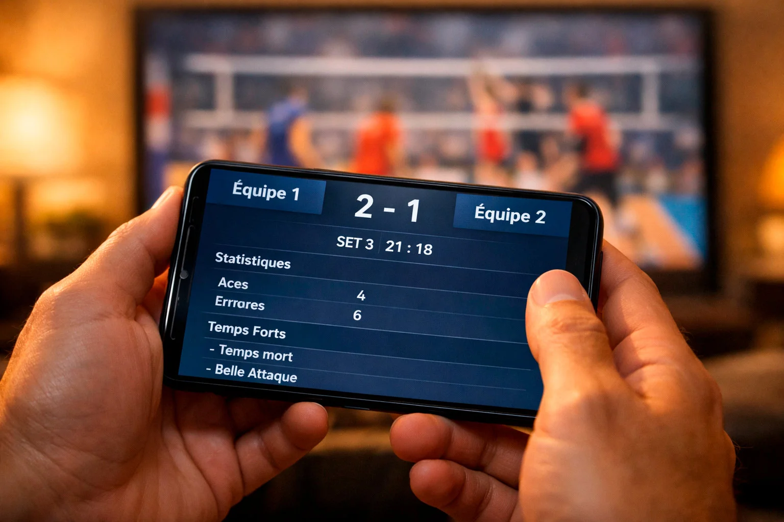 Personne utilisant une application mobile de paris sportifs pendant un match de volley